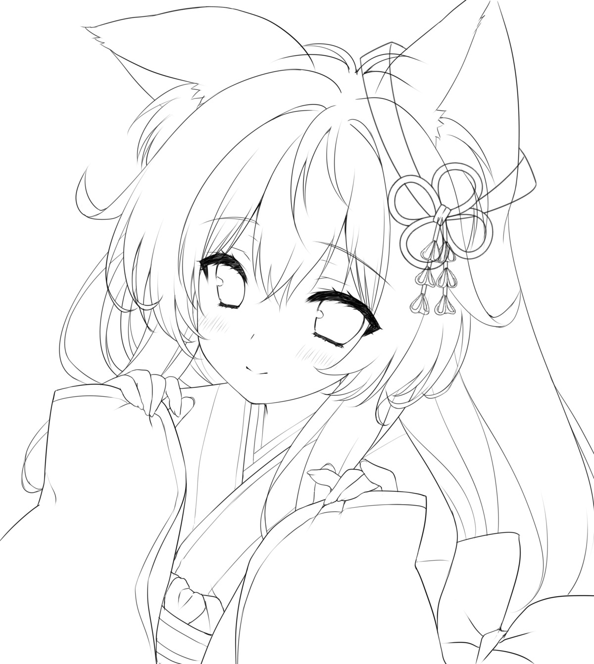 animal_ears, kimono, kitsune, lump_of_sugar, madohi_shiroki_no_kamikakushi, moekibara_fumitake, sketch, tooki_roka