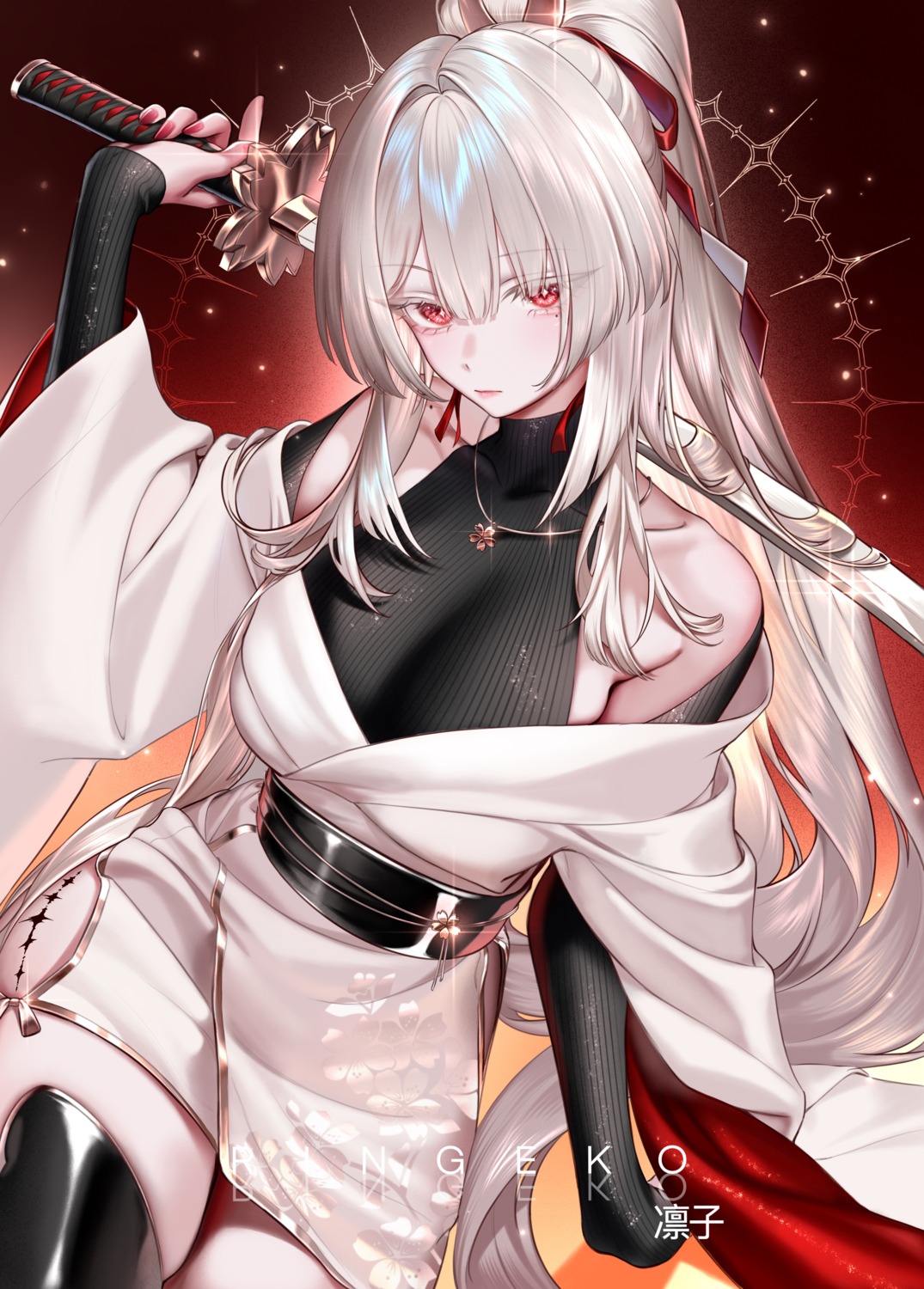 hiyuki, japanese_clothes, no_bra, ringeko-chan, sword, tattoo, thighhighs, wuthering_waves