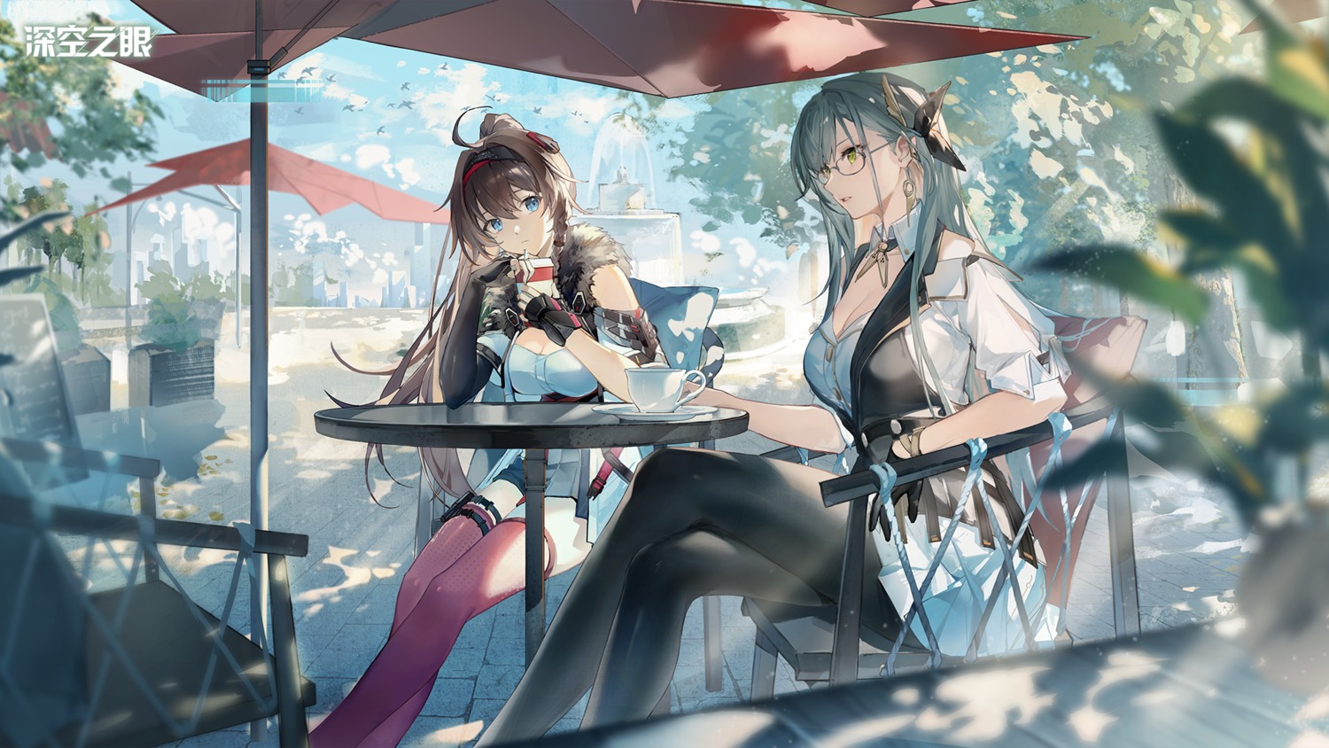 aether_gazer, cleavage, garter, megane, pantyhose, skirt_lift, tagme, thighhighs