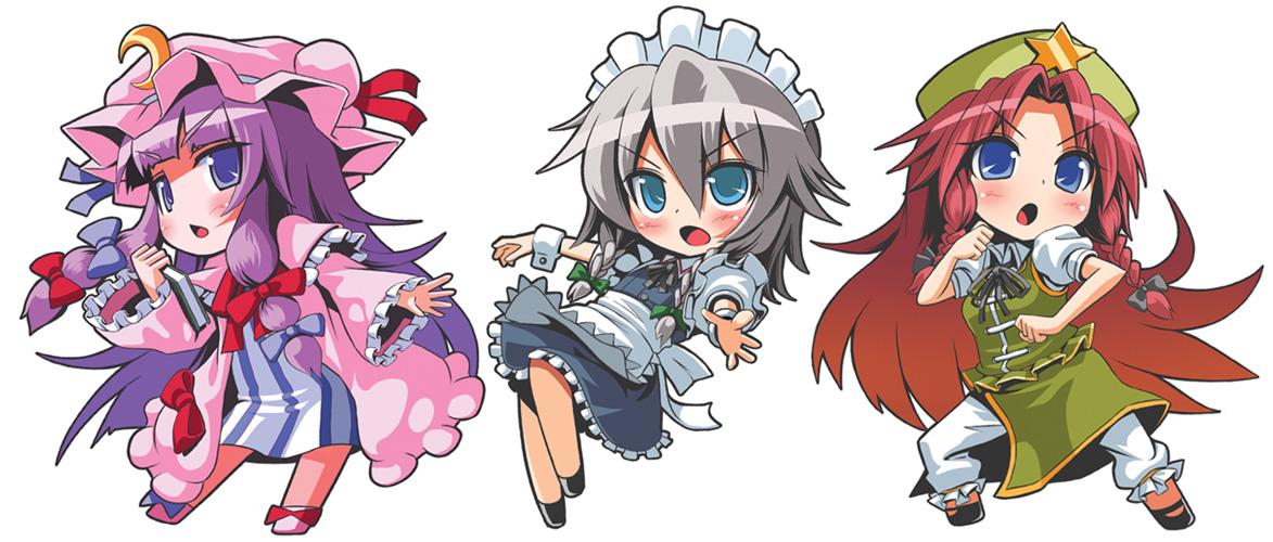 chibi, dress, hong_meiling, izayoi_sakuya, lolita_fashion, maid, patchouli_knowledge, patricia