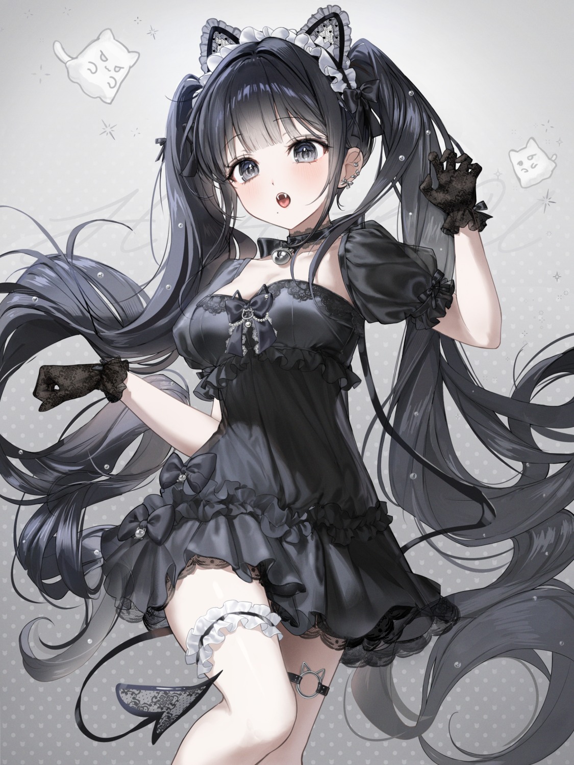 animal_ears, dress, garter, gothic_lolita, kamyu_(kamyu0_0), lolita_fashion, nekomimi, no_bra, see_through, skirt_lift, tail