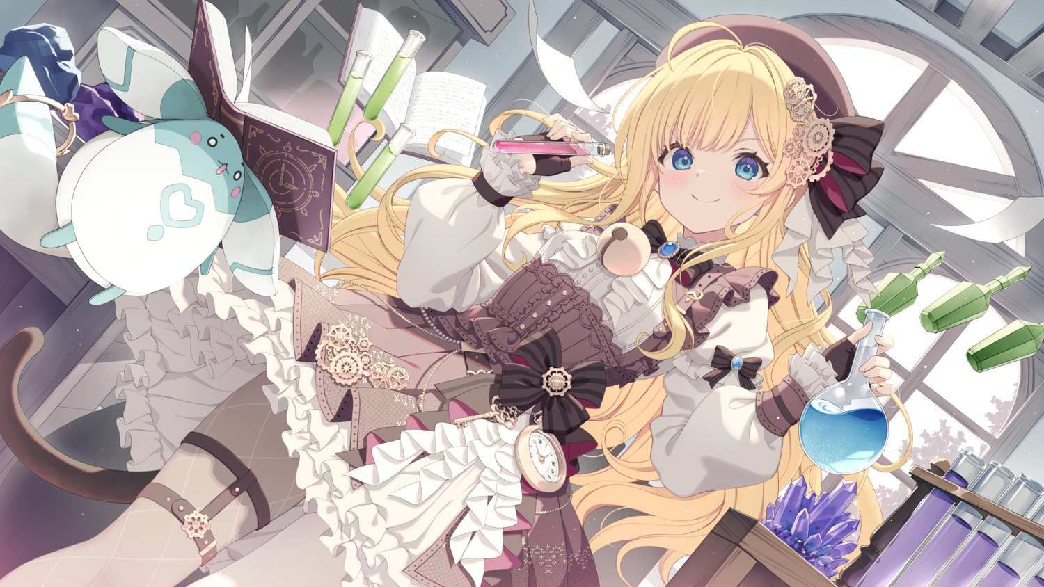 fishnets, garter, skirt_lift, tail, wallpaper, yoshino_ryou