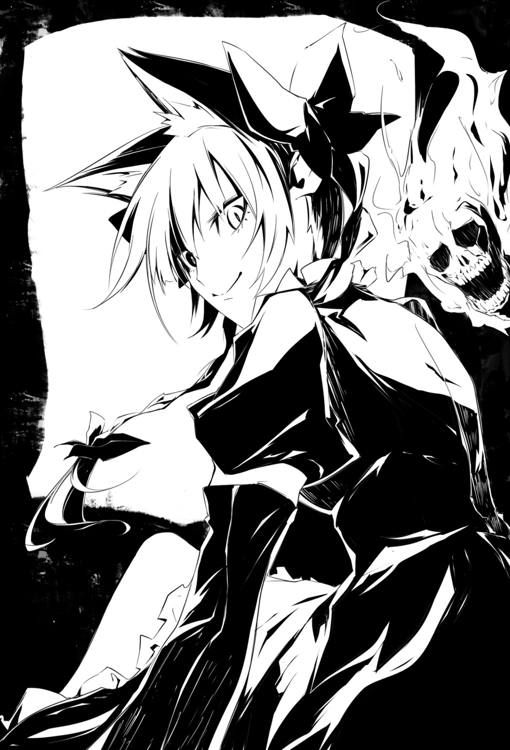 animal_ears, kaenbyou_rin, monochrome, pkk, touhou