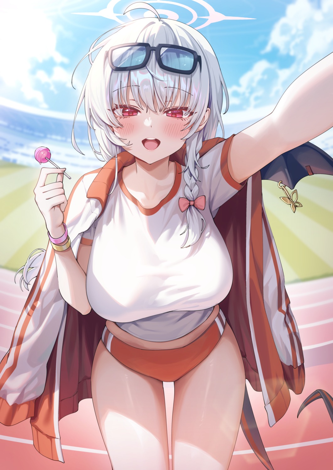 blue_archive, buruma, devil, gym_uniform, halo, kurodate_haruna, megane, tail, wings, yampa