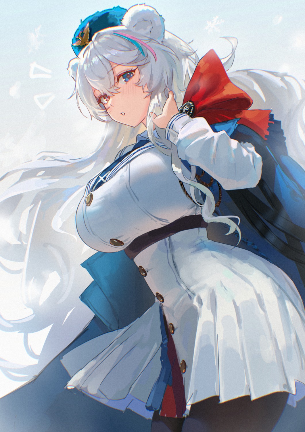 animal_ears, arknights, c113oreo, heterochromia, pantyhose, rosa_(arknights), skirt_lift, uniform