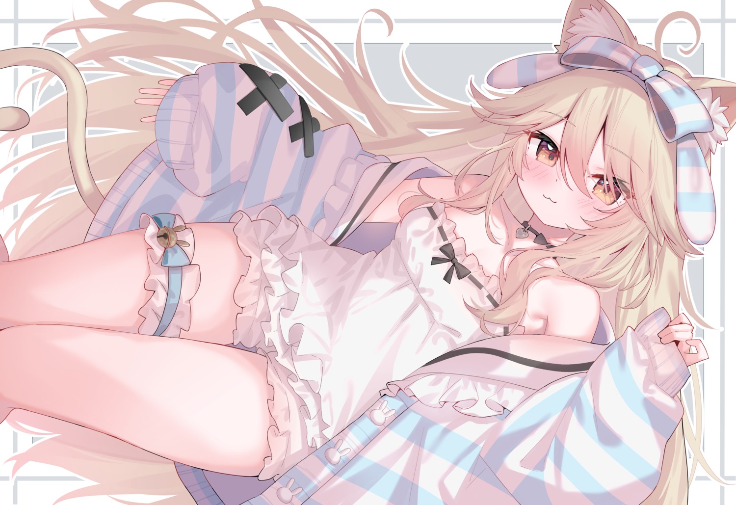 animal_ears, bloomers, garter, leafpie_zaurus, nekomimi, no_bra, pajama, tail