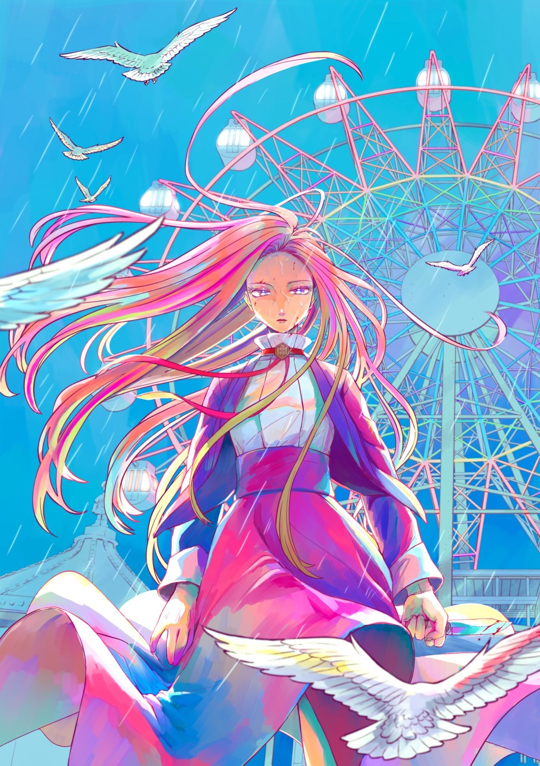 blood, haizaki_sara, hotel_inhumans, skirt_lift, tajima_ao, uniform, weapon