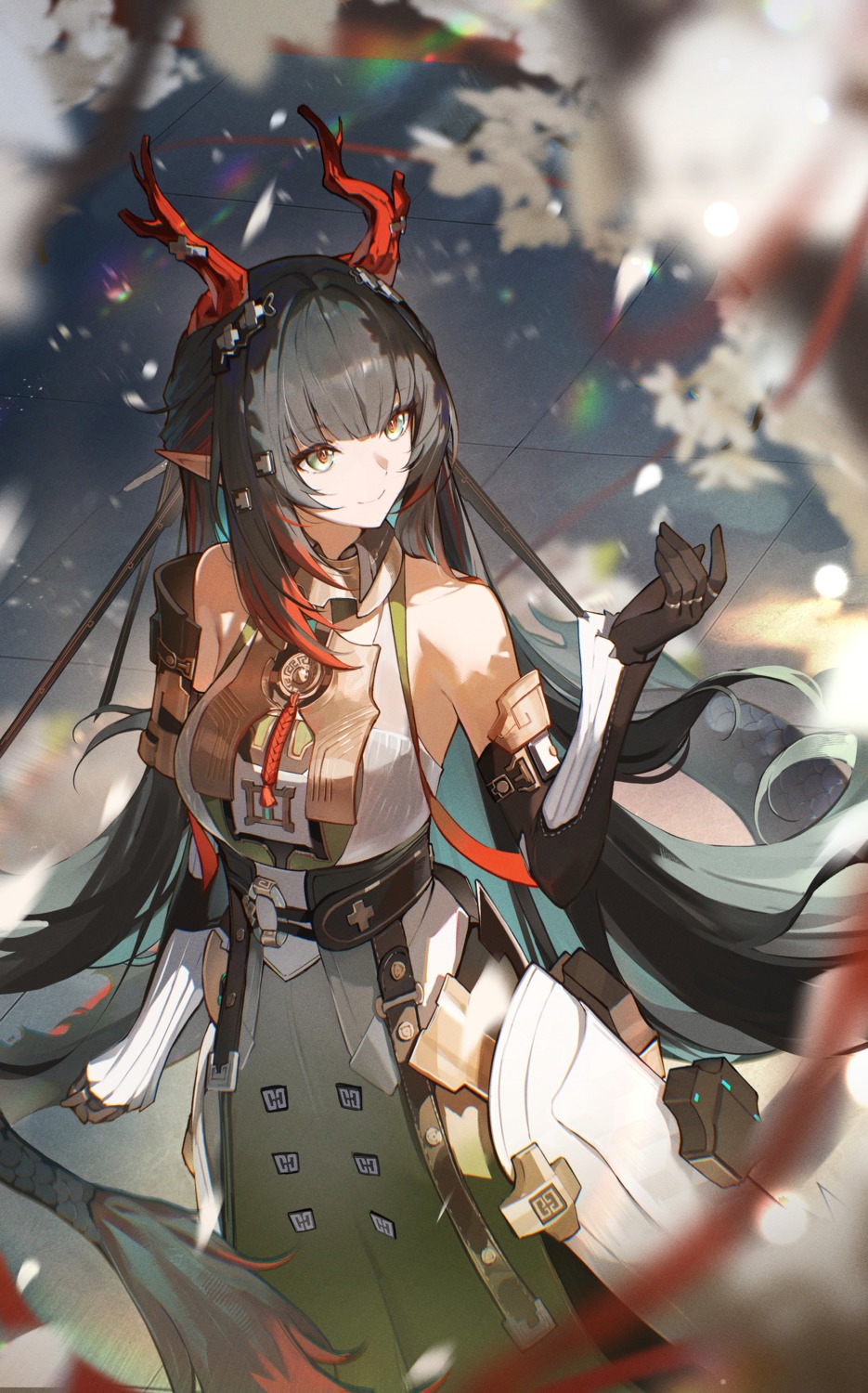 arknights, arknights:_endfield, armor, asian_clothes, horns, jiang_zhuti_jiojio, pointy_ears, tail, zhuang_fangyi_(arknights)