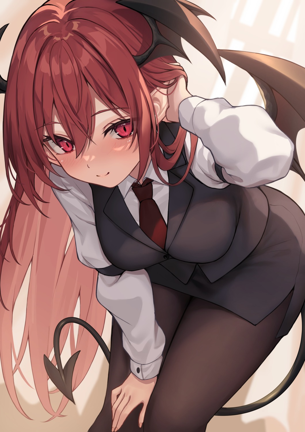 business_suit, koakuma, pantyhose, pointy_ears, tail, touhou, wings, wowoguni