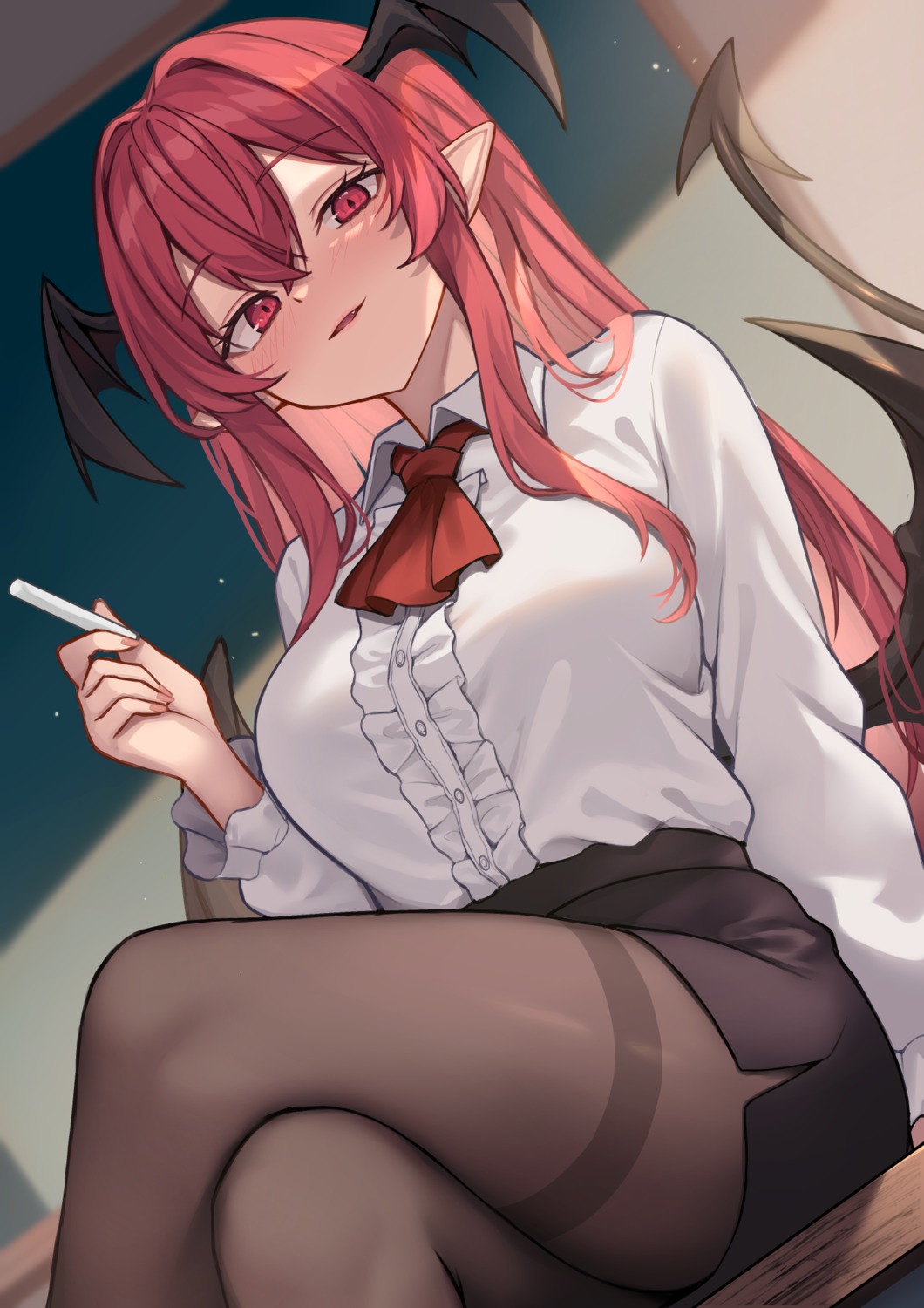 koakuma, pantyhose, pointy_ears, skirt_lift, tail, touhou, wings, wowoguni