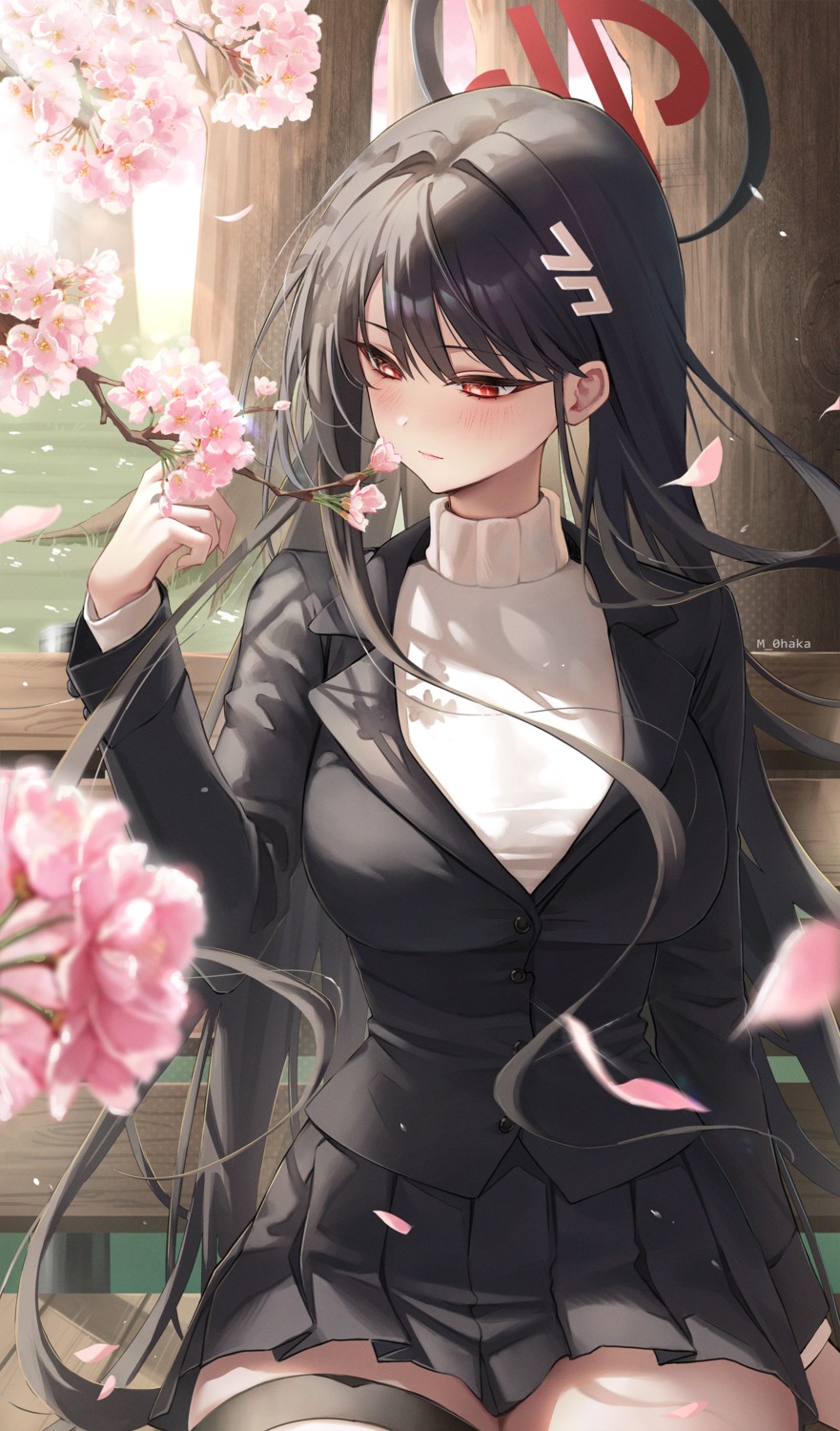blue_archive, business_suit, garter, halo, mohaka, skirt_lift, sweater, tsukatsuki_rio