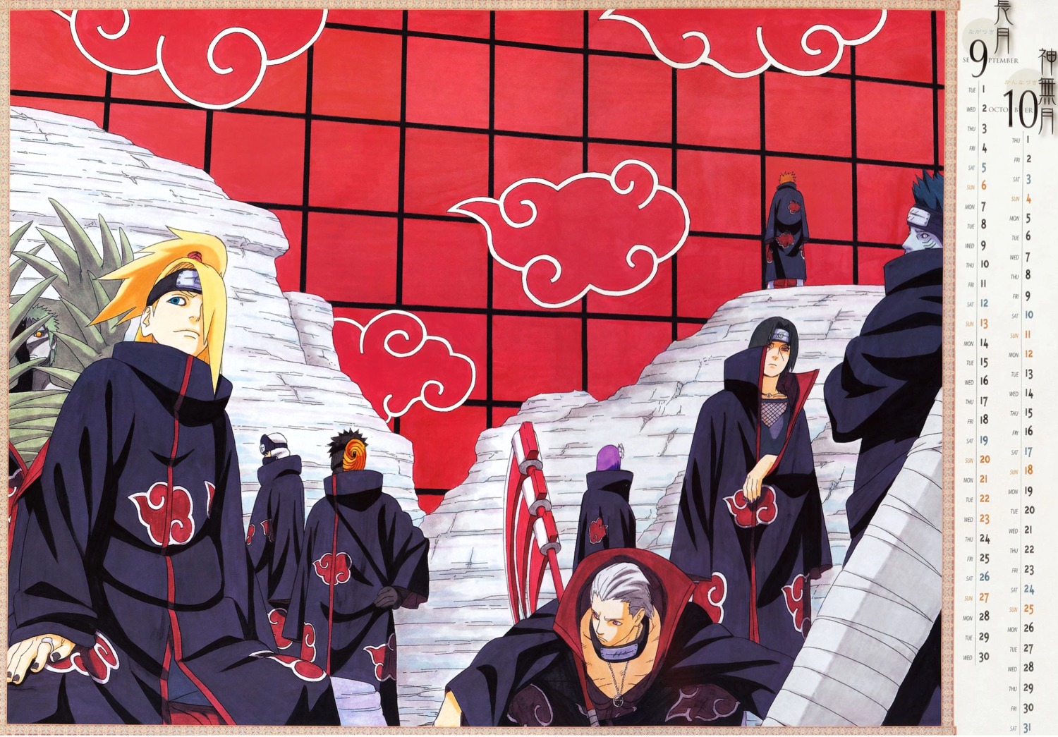 calendar, deidara, fishnets, hidan, hoshigaki_kisame, kakuzu, kishimoto_masashi, konan