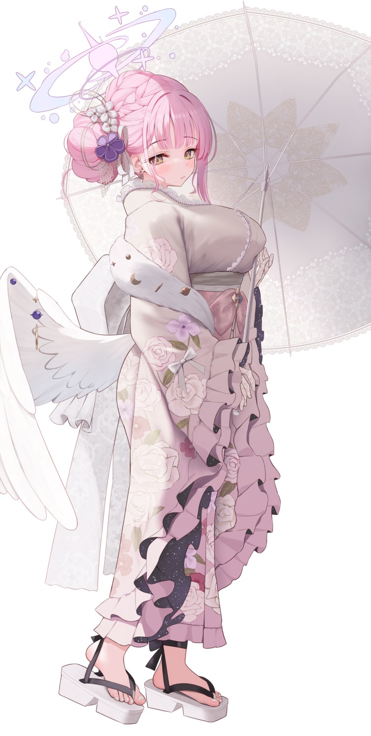 angel, blue_archive, kimono, misono_mika, saki_(saki_paint), umbrella, wings
