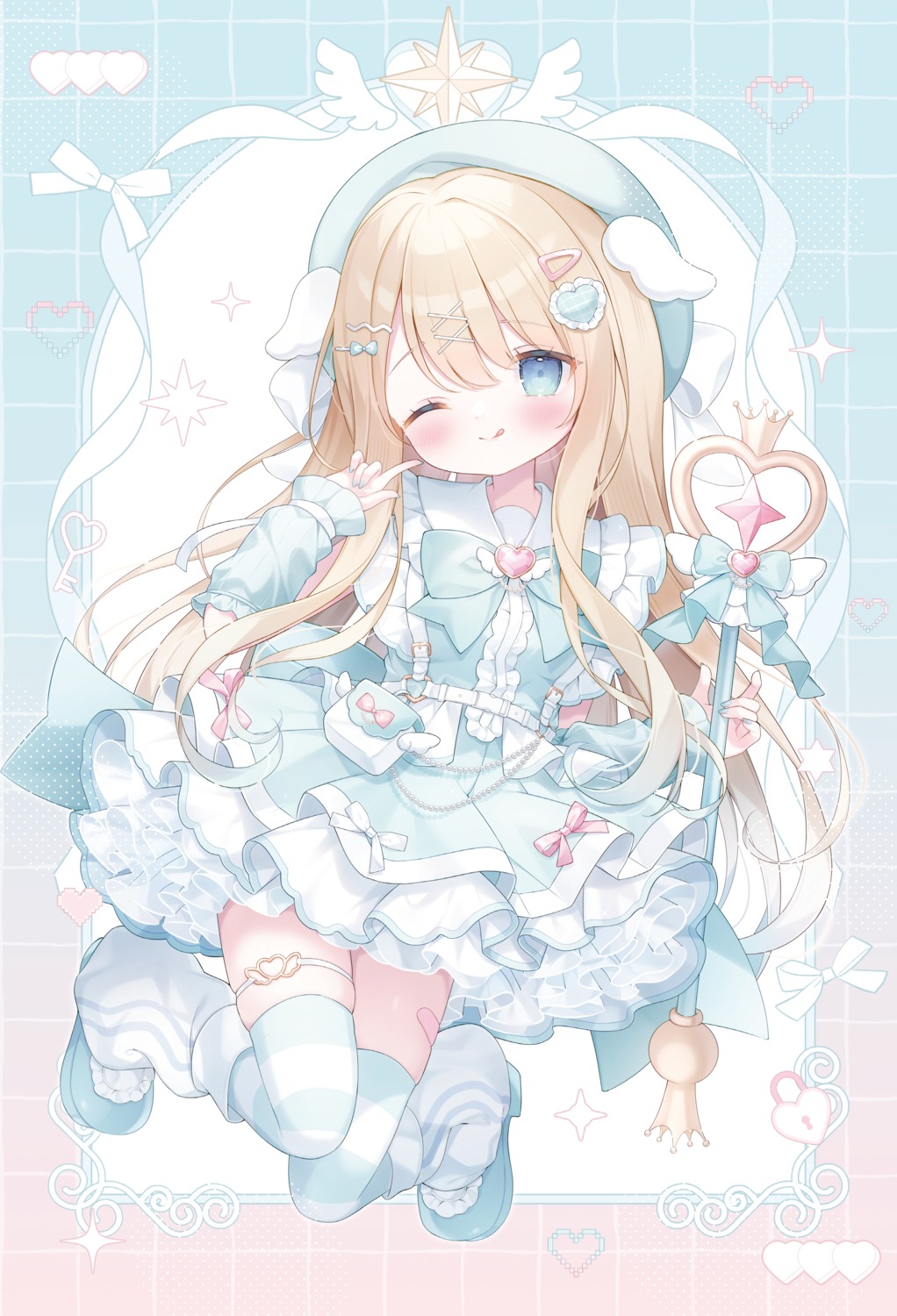 bandaid, dress, garter, lolita_fashion, omochi_monaka, skirt_lift, thighhighs, weapon
