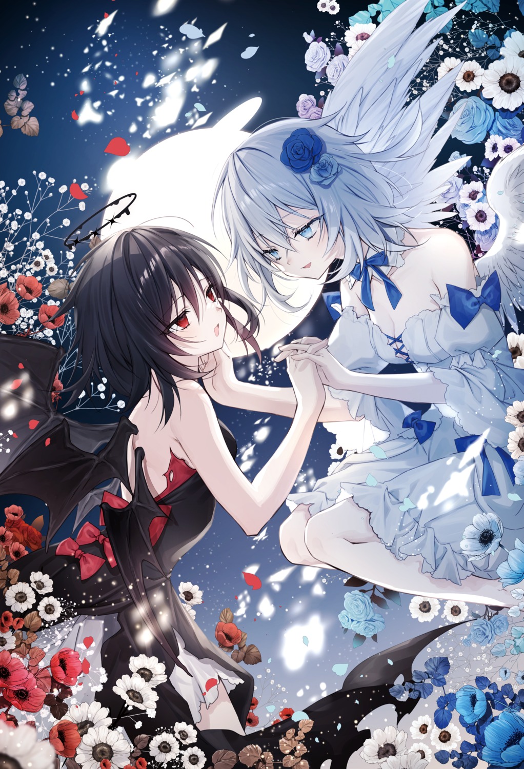 angel, dress, halo, no_bra, wings, yoruhoshi_owl