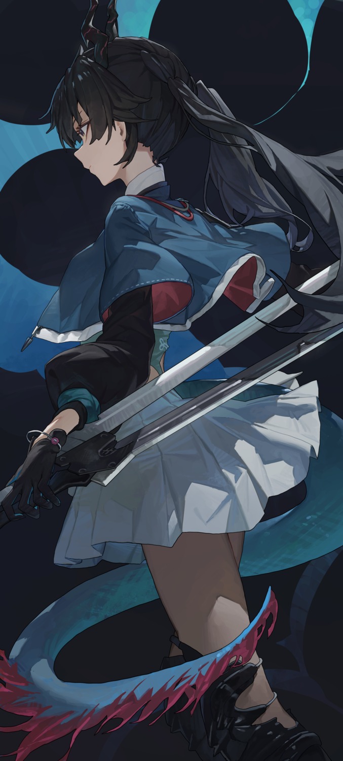 arknights, arknights:_endfield, chen_qianyu_(arknights), horns, skirt_lift, starshell, sword, tail