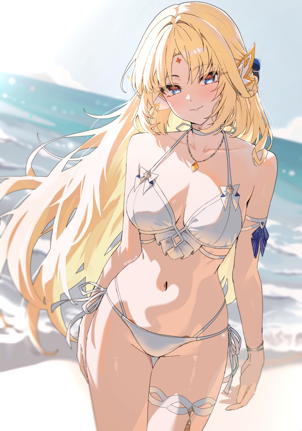bikini, garter, genshin_impact, nicole_reeyn, nvl, pointy_ears, swimsuits, tattoo