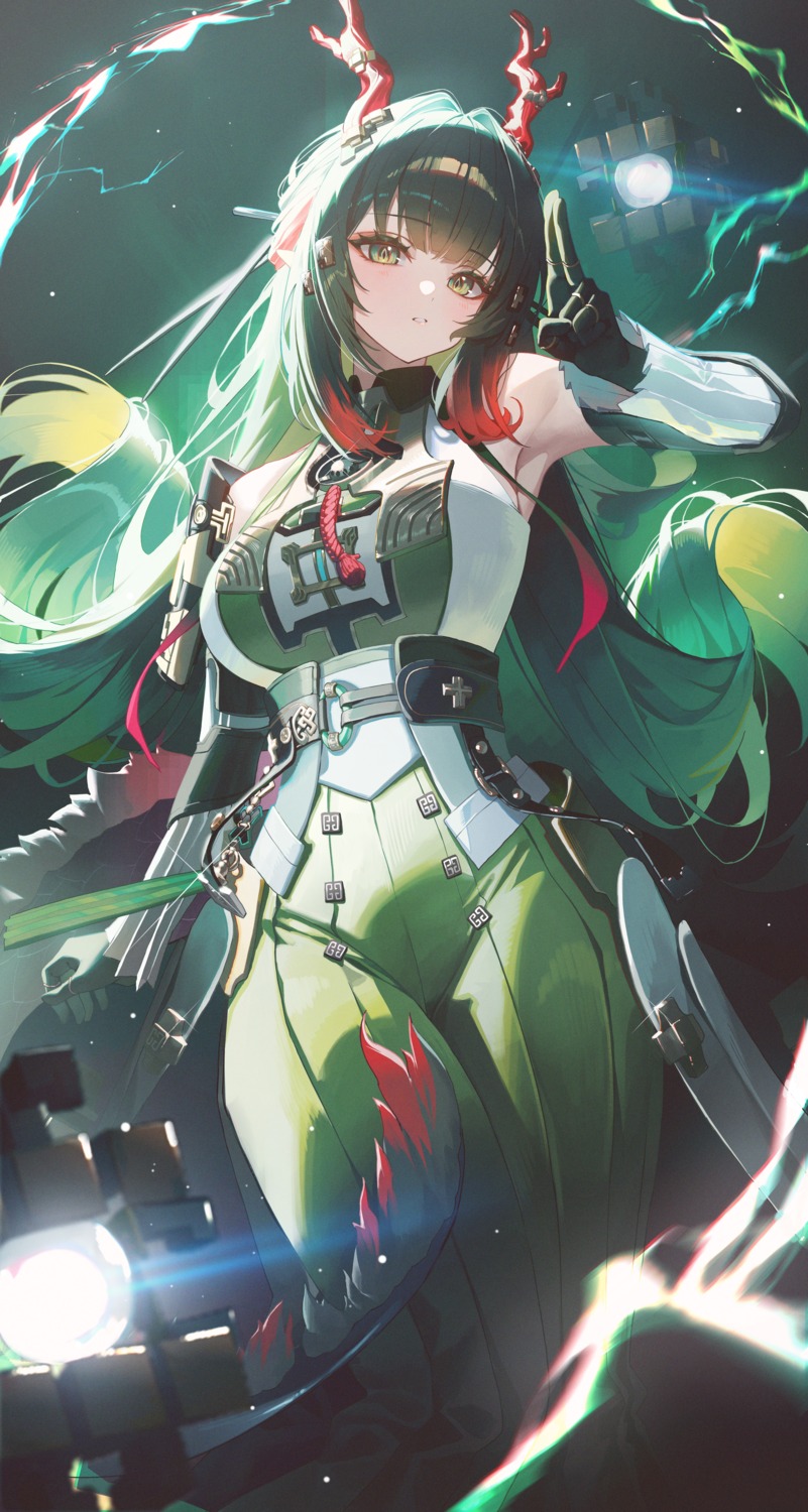 arknights, arknights:_endfield, armor, asian_clothes, domi_(hongsung0819), horns, pointy_ears, tail, zhuang_fangyi_(arknights)