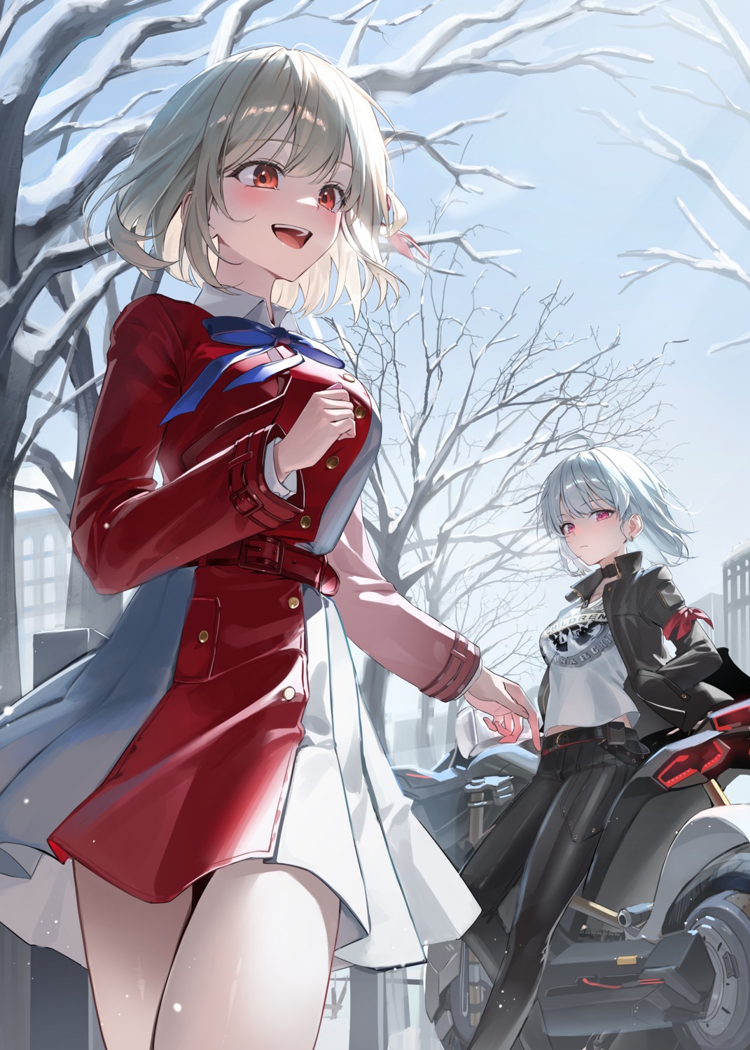 crossover, ekina_(1217), goddess_of_victory:_nikke, lycoris_recoil, nishikigi_chisato, seifuku, skirt_lift, sugar_(nikke)