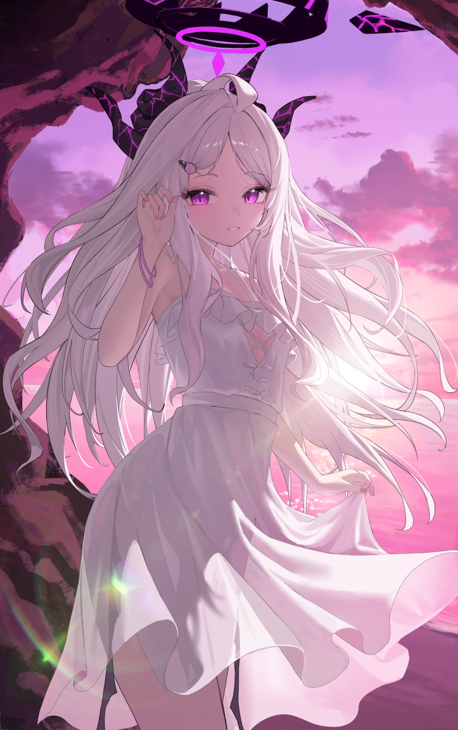 blue_archive, devil, dress, fangfangtu, halo, horns, see_through, skirt_lift