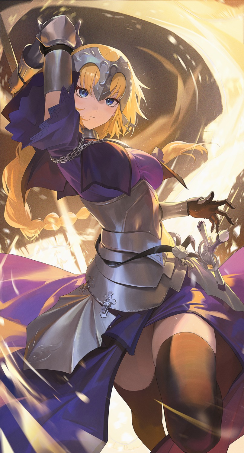 armor, fate/grand_order, jeanne_d'arc, jeanne_d'arc_(fate), skirt_lift, sword, thighhighs, ttk_(kirinottk)