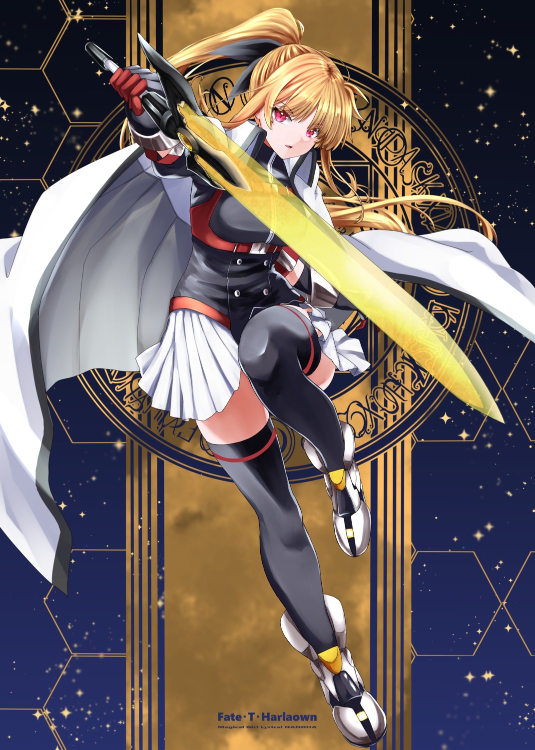 armor, fate_testarossa, mahou_shoujo_lyrical_nanoha, skirt_lift, sougetsu_izuki, sword, thighhighs