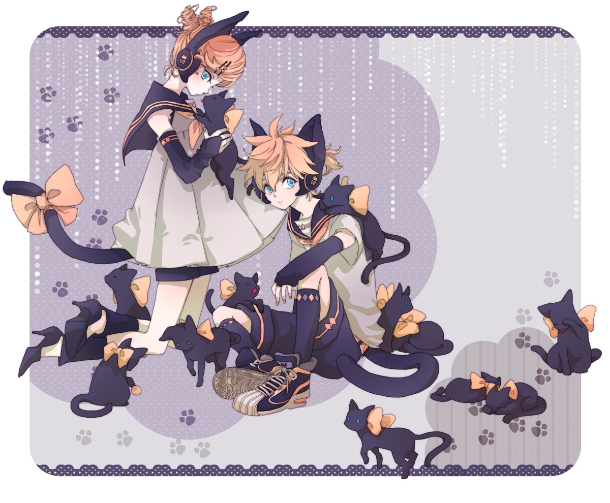 animal_ears, kagamine_len, kagamine_rin, mozzu, neko, tail, vocaloid