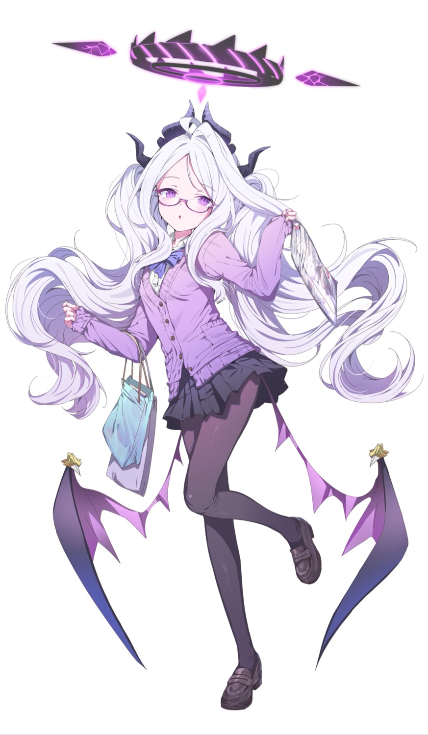 blue_archive, devil, halo, horns, megane, pantyhose, seifuku, skirt_lift, sorasaki_hina, sweater, wings, youguo_naberu