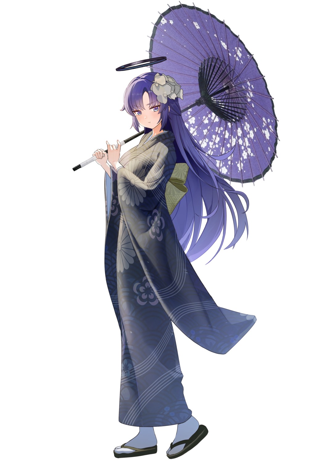 blue_archive, hallo_(rltkdydrltk), halo, hayase_yuuka, kimono, umbrella