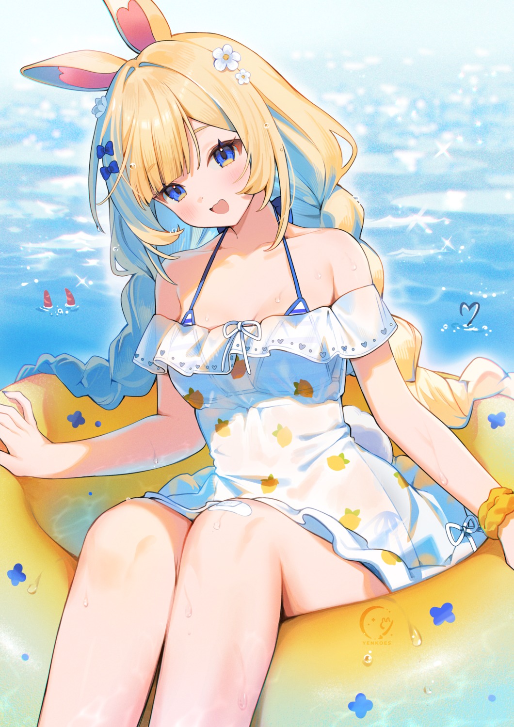 animal_ears, bandaid, bikini, bunny_ears, dress, see_through, skirt_lift, summer_dress