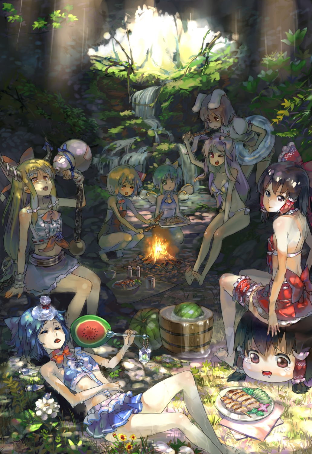 77gl, bikini, cirno, daiyousei, hakurei_reimu, ibuki_suika, inaba_tewi, reisen_udongein_inaba