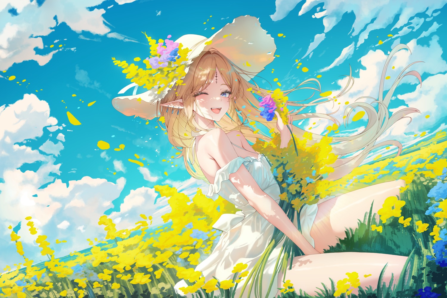 cartethyia, dress, lilac_(k32420276), pointy_ears, skirt_lift, summer_dress, tattoo, wuthering_waves