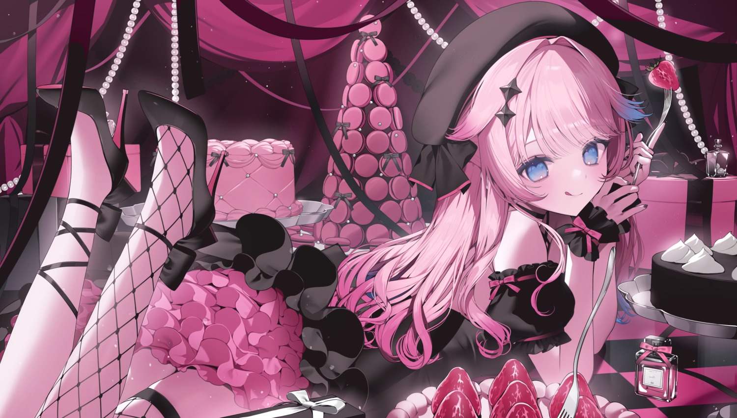 bloomers, dress, fishnets, heels, indie_virtual_youtuber, risa_yuzuki, skirt_lift, thighhighs, wallpaper, youichi_(45_01)
