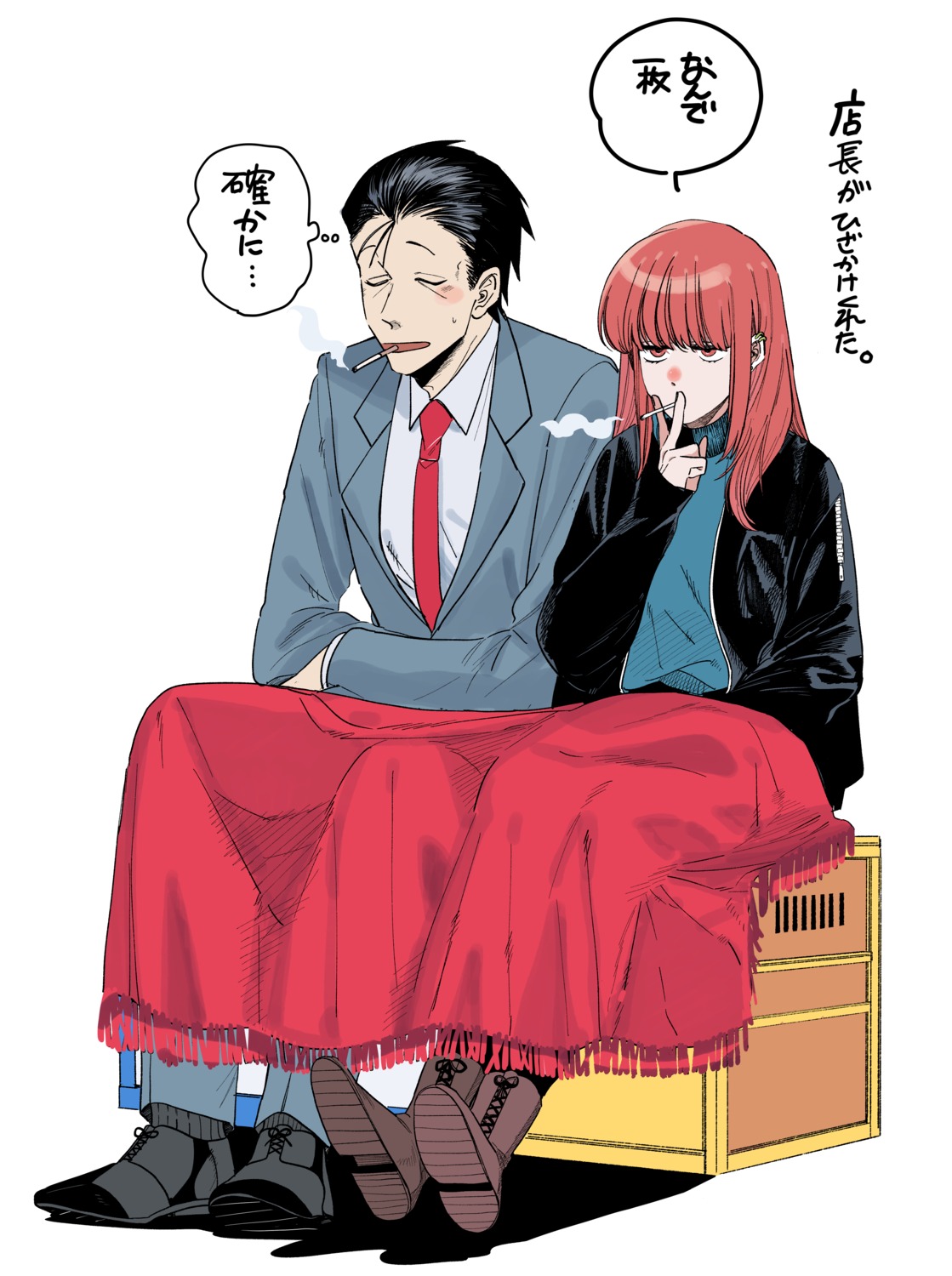 business_suit, jinushi, sasaki_(yanisuu), smoking, super_no_ura_de_yani_suu_futari, sweater, yamada_(yanisuu)