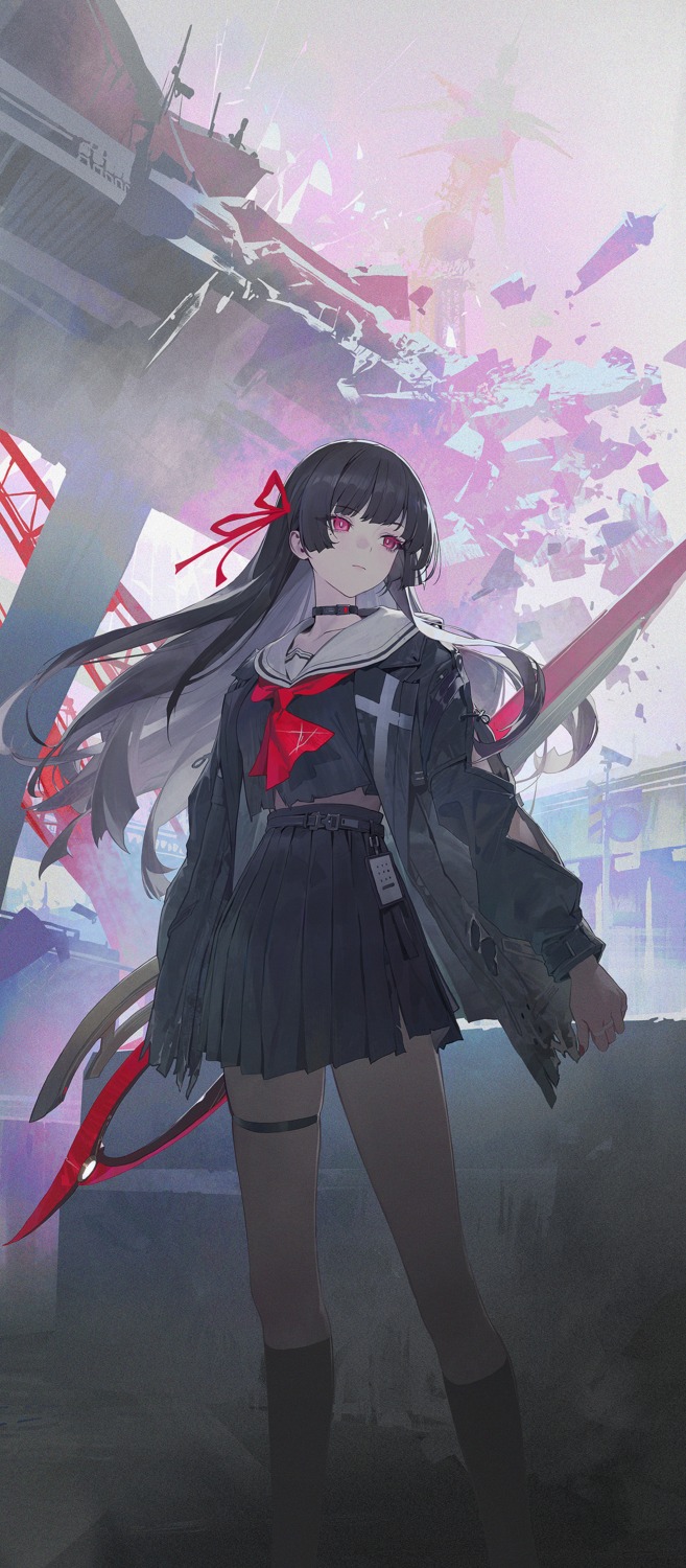 chisa, garter, modare, seifuku, torn_clothes, weapon, wuthering_waves