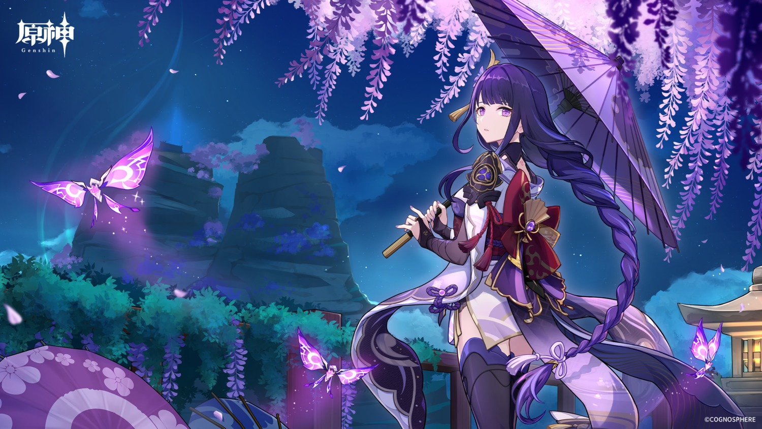 armor, genshin_impact, japanese_clothes, raiden_shogun, tagme, thighhighs, umbrella, wallpaper