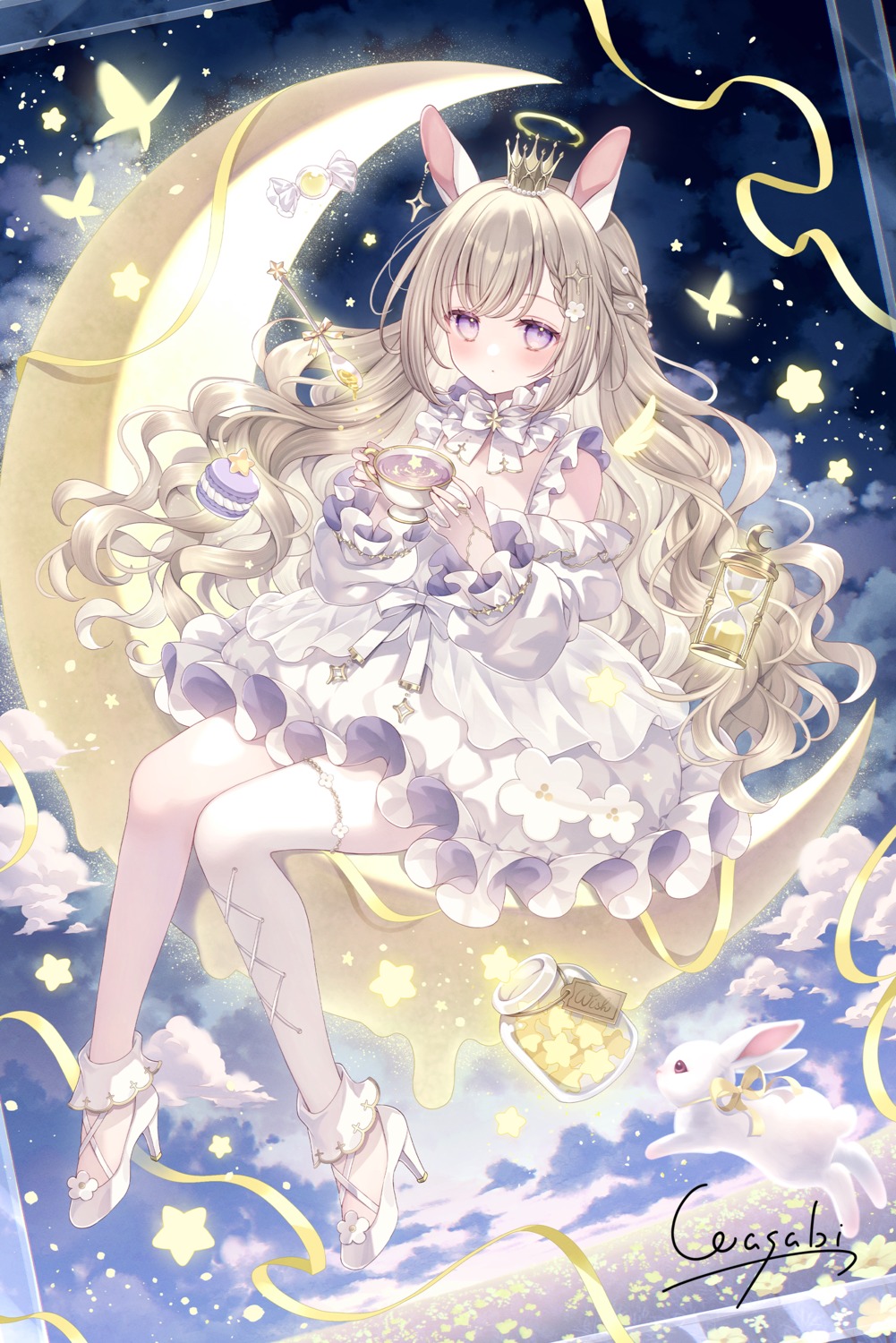 angel, animal_ears, bunny_ears, cropped, dress, heels, skirt_lift, thighhighs