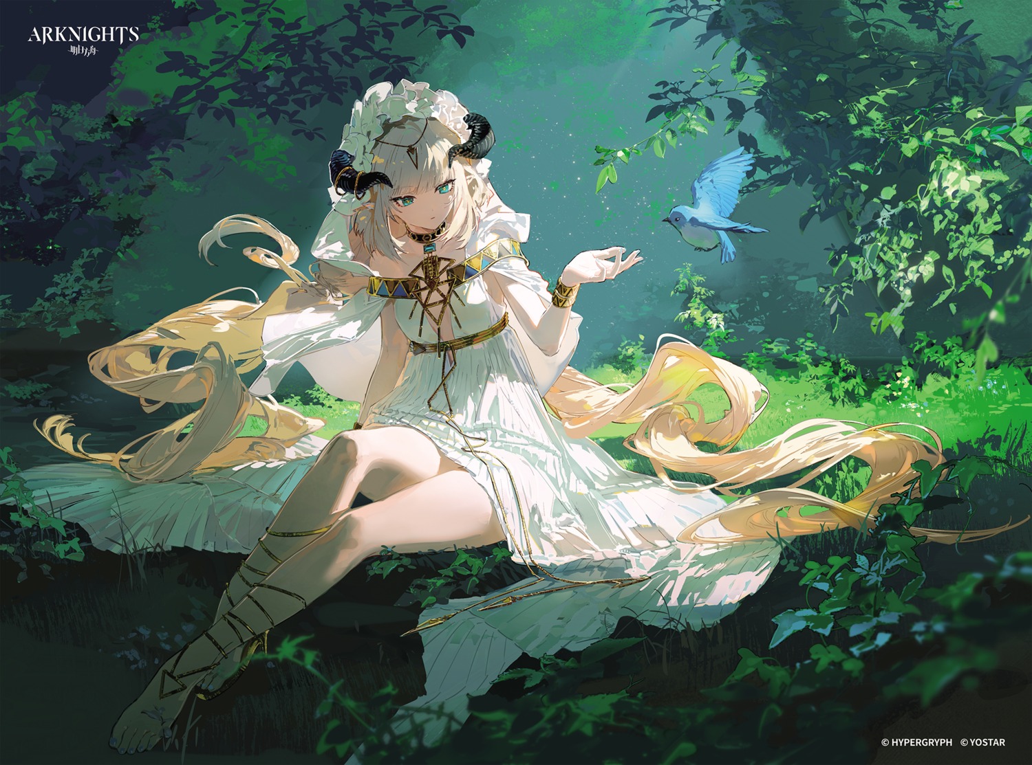 arknights, dress, horns, lolita_fashion, nightingale_(arknights), no_bra, pointy_ears, rafaelaaa, skirt_lift