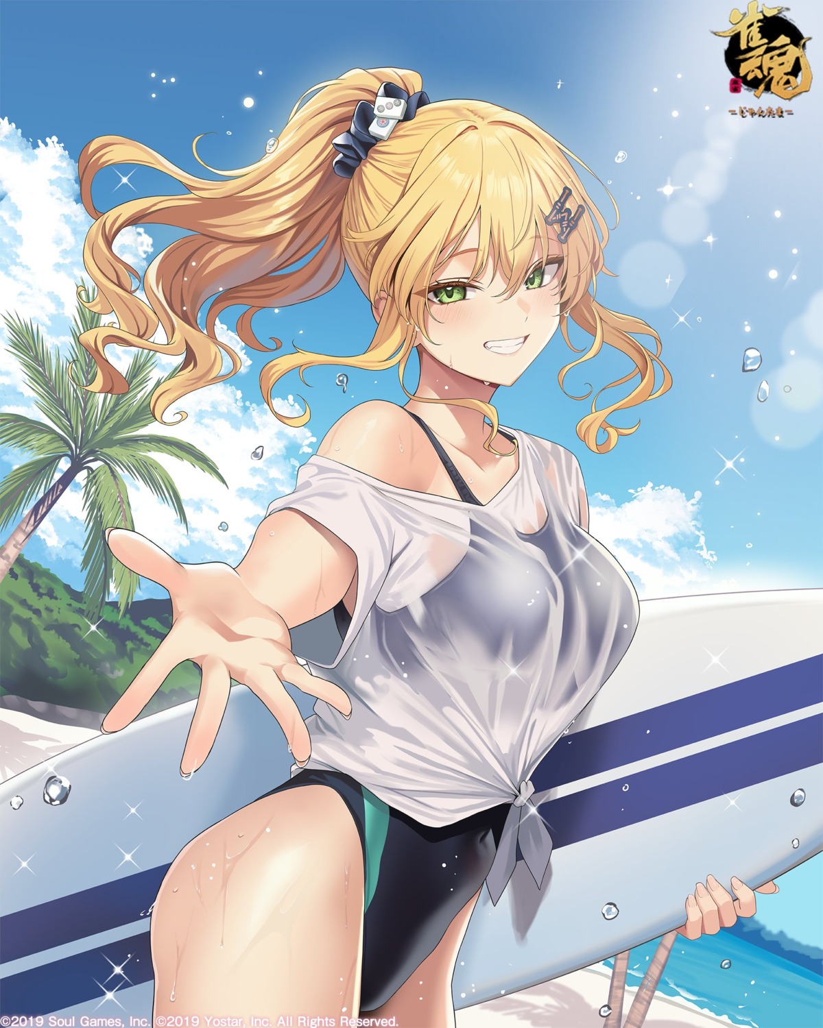 hidis, jpeg_artifacts, majsoul, see_through, shiraishi_nana_(majsoul), swimsuits, wet, wet_clothes
