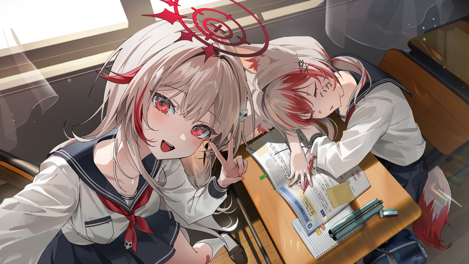animal_ears, bandaid, chii_(chiiriring), halo, seifuku, selfie, tail
