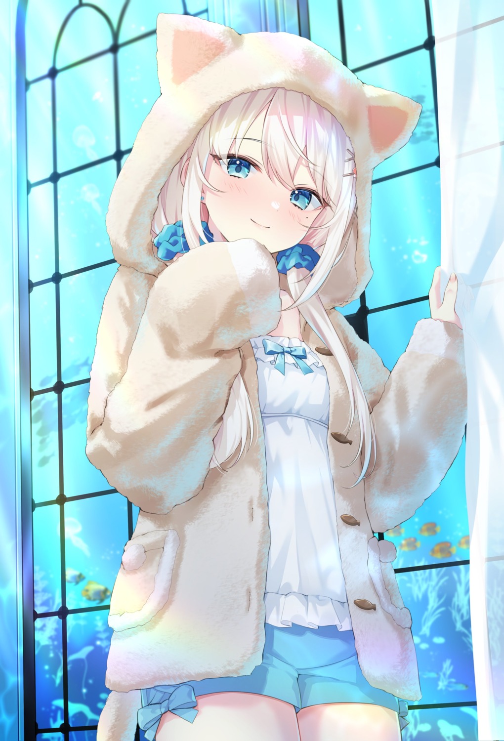 animal_ears, indie_virtual_youtuber, nagino_mashiro, nekomimi, pajama, tail, tojo_(natumi1412)