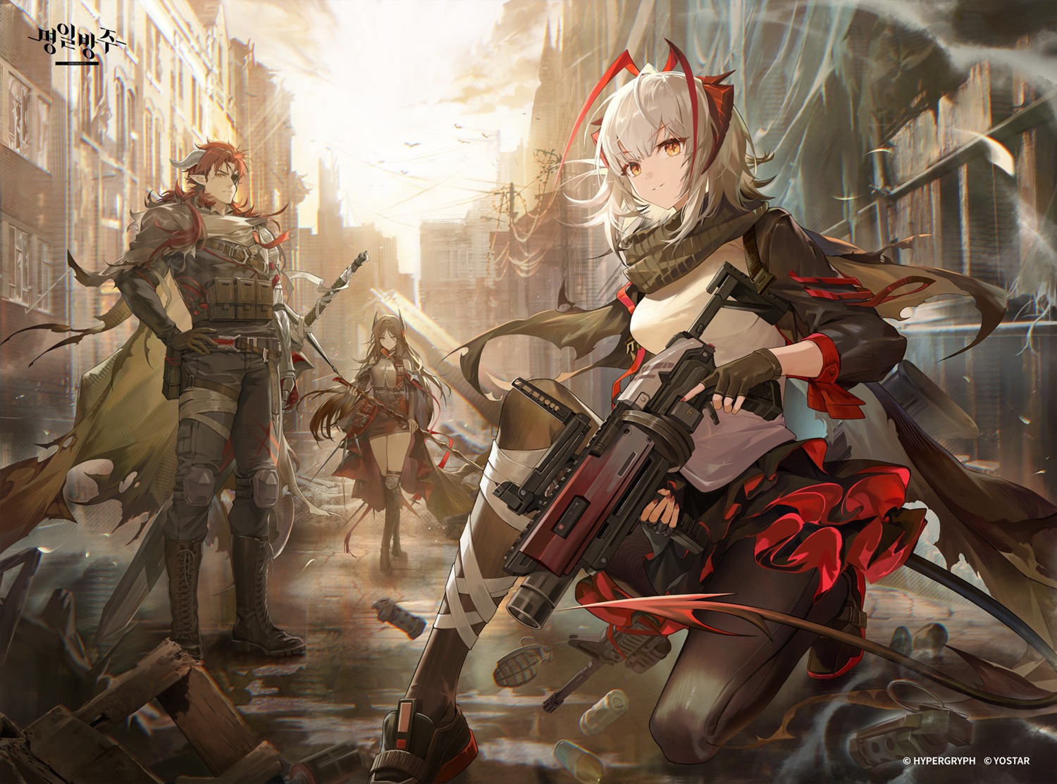 arknights, ashukapeka, eyepatch, garter, gun, hoederer_(arknights), horns, ines_(arknights)