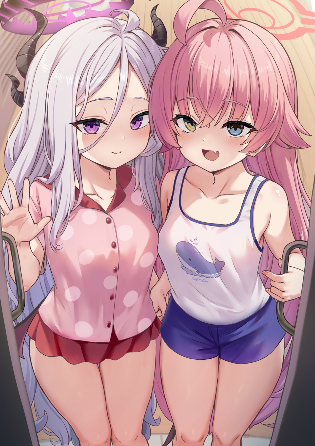 blue_archive, devil, halo, heterochromia, horns, milkshake, pajama, sorasaki_hina, takanashi_hoshino, wings