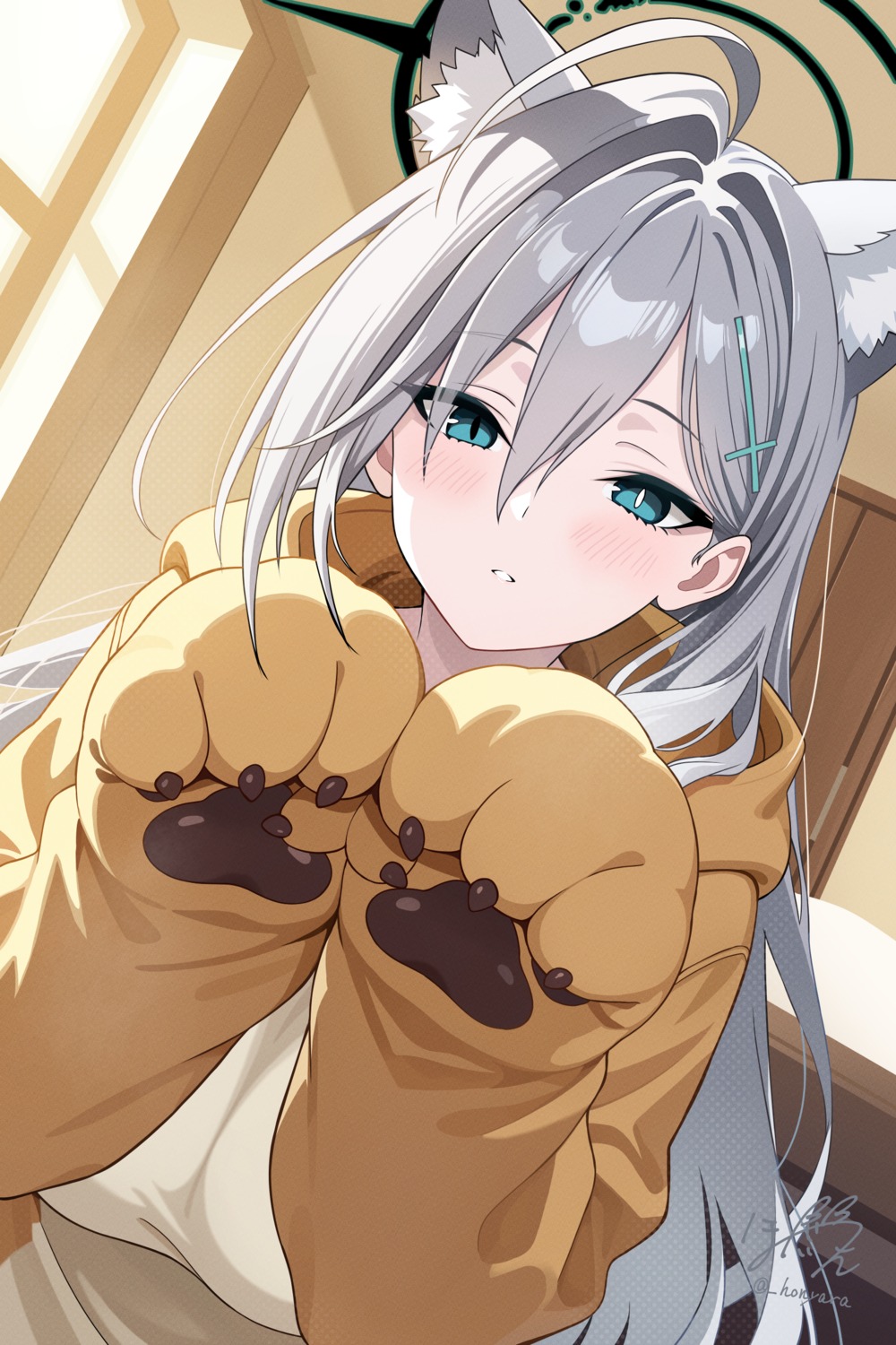 animal_ears, blue_archive, halo, honyara-san, nekomimi, pajama, sunaookami_shiroko, sunaookami_shiroko_terror