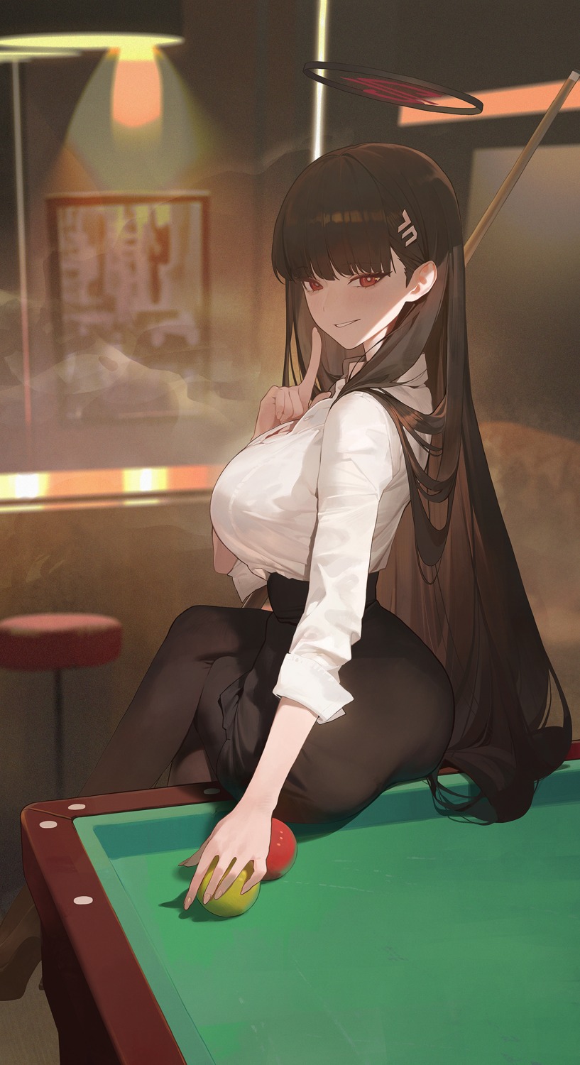 blue_archive, cleavage, dress_shirt, halo, modare, open_shirt, pantyhose, skirt_lift