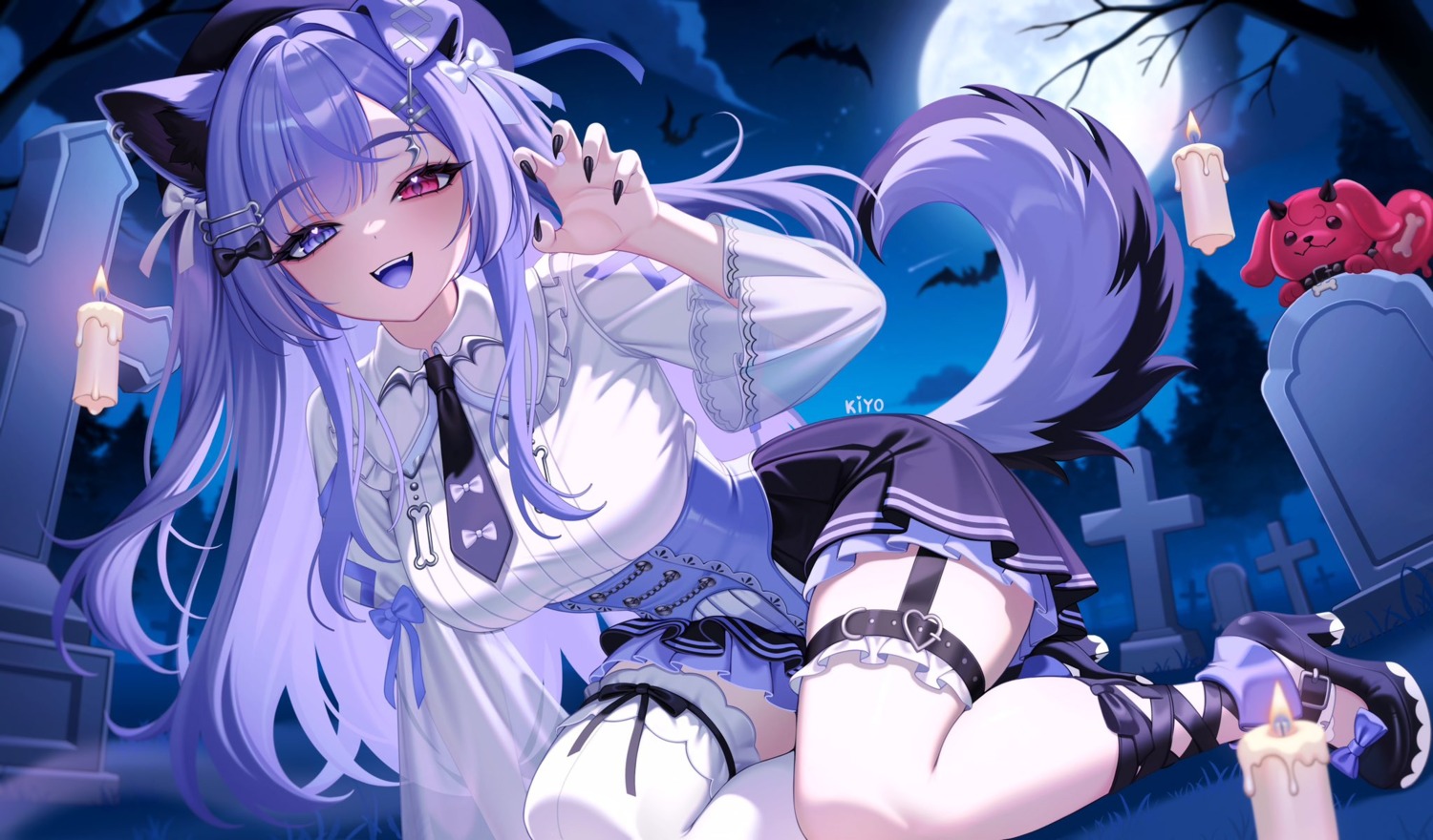 animal_ears, heels, heterochromia, indie_virtual_youtuber, inumimi, kiyochii, skirt_lift, stockings