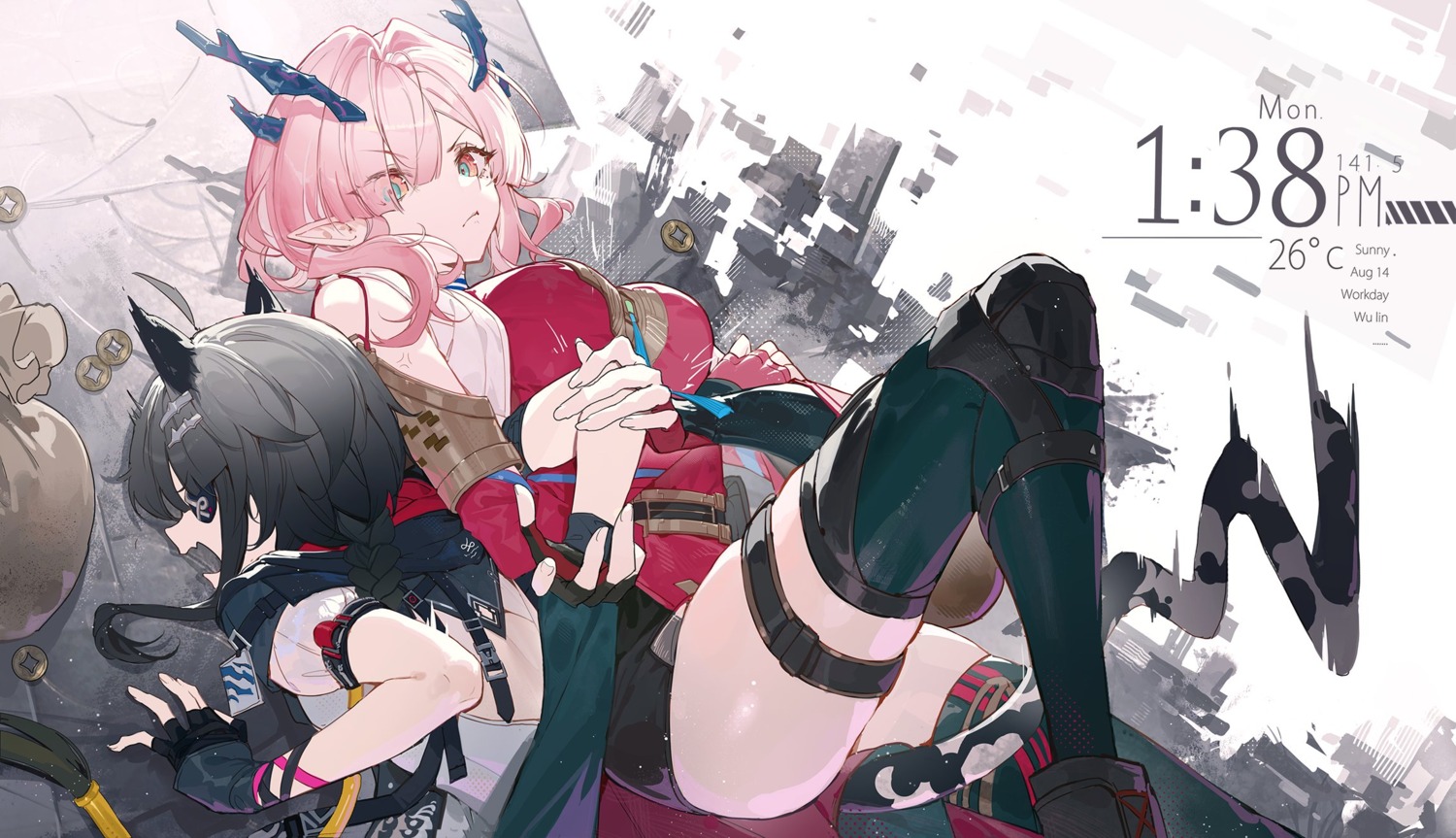 animal_ears, arknights, arknights:_endfield, eyepatch, garter, horns, jpeg_artifacts, kuroduki_(pieat), mi_fu_(arknights), pointy_ears, tail, tangtang, thighhighs