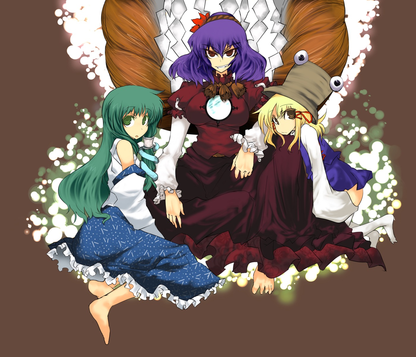 ahou_miya, dress, kochiya_sanae, moriya_suwako, touhou, yasaka_kanako