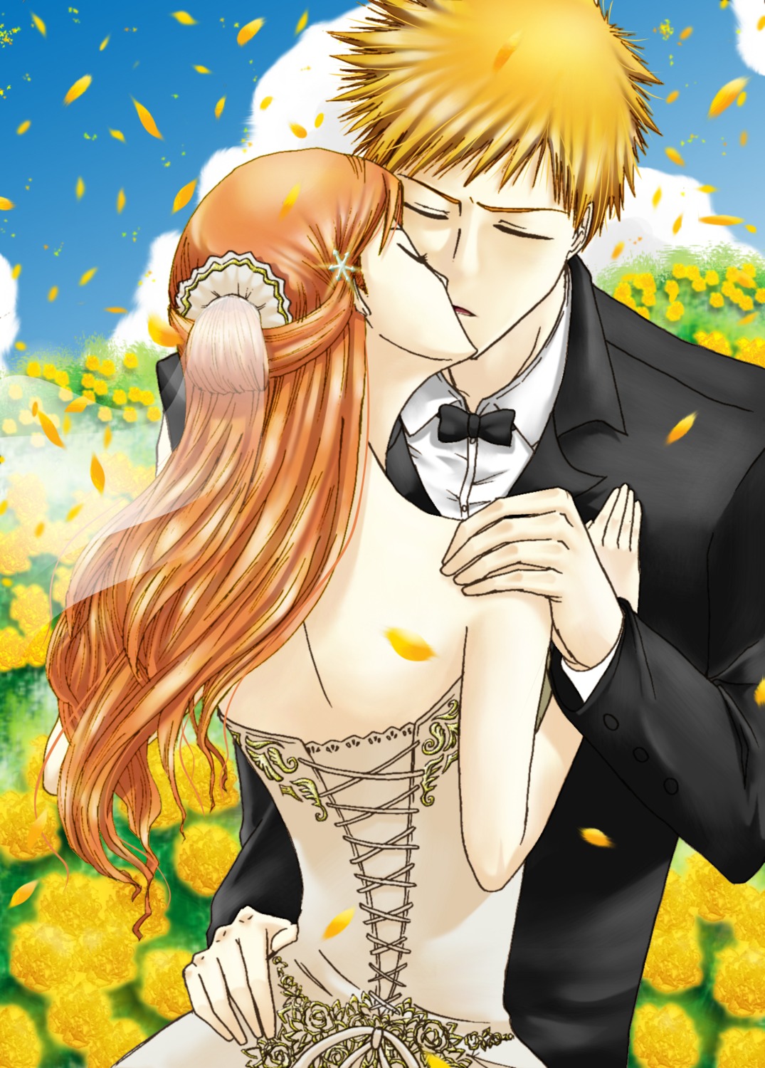 bleach, dress, hasui_miyuji, inoue_orihime, kurosaki_ichigo, wedding_dress