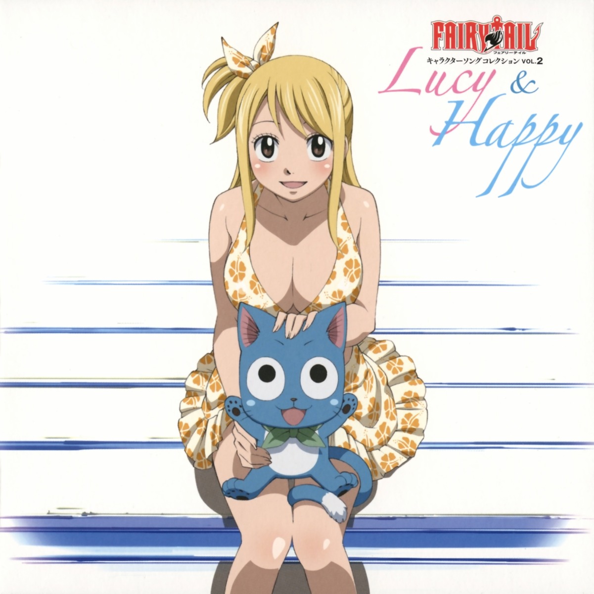 cleavage, disc_cover, fairy_tail, happy_(fairy_tail), lucy_heartfilia